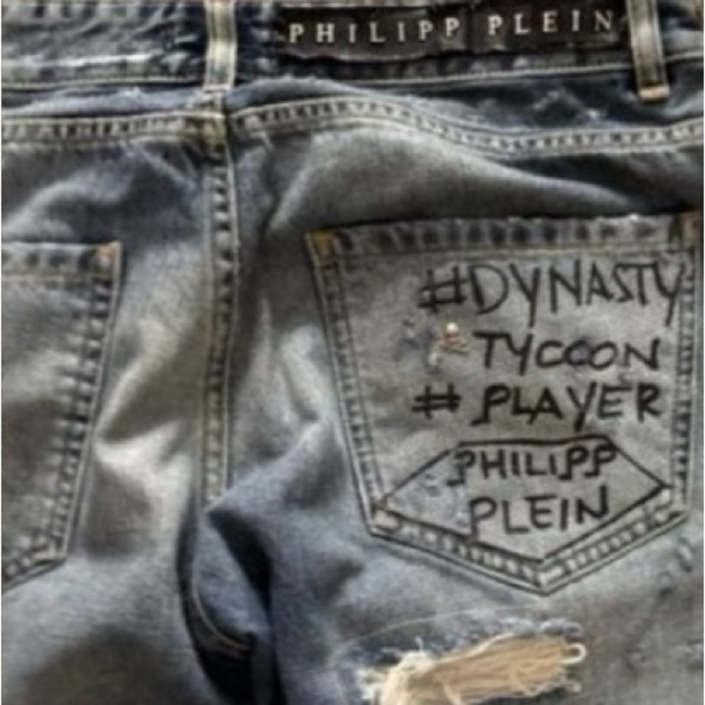 Philipp Plein Blue Denim skull distressed straight leg Jeans